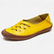 Women Large Size Cowhide Handmade Stitching Hollow Breathable Comfy Casual Loafers - Yellow