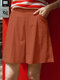 Women Solid Pleated Casual High Waist Shorts With Pocket - Orange
