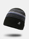 Men Knitted Plus Velvet Letter Label Color-match Striped Flanging Windproof Warmth Beanie Hat - Blue