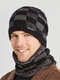 Men 2PCS Plaid Plus Velvet Thick Winter Outdoor Keep Warm Neck Protection Headgear Scarf Knitted Hat Beanie - Black