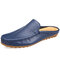 Men Hole Breathable Slip Resistant Slip On Casual Leather Slippers - Blue