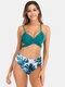 Women Plant Print Wrap Underwire Tie Back Spaghetti Straps Bikinis Swimwear - Blue