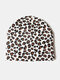 Unisex Acrylic Knitted Leopard Color Contrast Striped Argyle Jacquard Elastic Warmth Brimless Beanie Hat - Beige