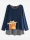 Cartoon Cat Stripe Fake Two Pieces Long Sleeve Blouse - Navy