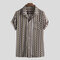 Mens Ethnic Stripe Printed Chest Pocket Turn Down Collar Short Sleeve Loose Shirts - Brown