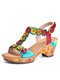 Socofy Bohemia Vocation Floral Printing Hasp Comfy Heel Sandals - Blue