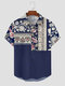 Mens Vintage Floral Print Patchwork Lapel Short Sleeve Shirts Winter - Blue