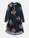 Calico Print Stand Collar Long Sleeve Plus Size Button Dress for Women - Navy
