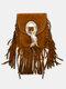Women PU Leather Bohemia Tassel Feather Crossbody Bag Square Bag - Brown
