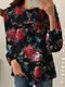 Blusa feminina casual com estampa floral e gola redonda manga comprida - Preto