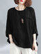 Solid Round Neck Bat Sleeve Casual Blouse - Black