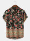 Mens Vintage Ditsy Floral Print Half Button Short Sleeve Henley Shirts - Black