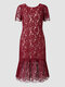 Lace Hollow Open Back Short Sleeve Fishtail Invisible Zip Dress - Wine Red