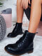 Women Casual Pure Black Round Toe Lace Up Flat Short Boots - Matte Black