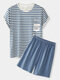 Mens Horizontal Stripe Letter Print Crew Neck Cotton Home Pajamas Sets - Blue