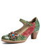 SOCOFY Floral Leather Buckle Ankle Strap Chunky Heel Pumps Mary Jane Dress Shoes - Green