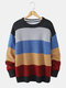 Mens Color Block Patchwork Crew Neck Casual Knit Pullover Sweaters - Black