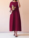 Pure Color Short Sleeve Long Maxi Vintage Dresses - Wine Red