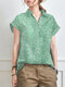 Floral Print Short Sleeve Lapel Collar Blouse - Green