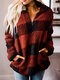 Plaid Long Sleeve Lapel Collar Zipper Front Pocket Sweatshirt For Women - Red