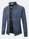 Mens Rib Knit Stand Collar Zip Up Casual Cardigans With Pocket - Blue