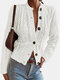 Solid Cable Hollow Button Long Sleeve Women Cardigan - White