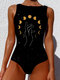 Women Starry Sky Hand Print High Neck Sleeveless One Piece Slimming Swimwear - Black1