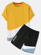 Mens Color Block Patchwork Letter Print Crew Neck Two Pieces Outfits - Yellow