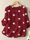 Women Dot Print 3/4 Sleeve Crew Neck Casual Blouse - Red