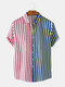 Mens Designer Stripe Patchwork Short Sleeve Casual Lapel Collar Shirts - Pink