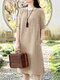 Women Solid Split Hem Casual Cotton Short Sleeve Dress - Apricot