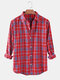 Mens Check Button Up Lapel Collar Casual Relaxed Fit Long Sleeve Shirts - Red