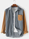 Mens Corduroy Patchwork Color Block Long Sleeve Loose Shirts With Contrast Pocket - Grey