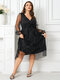 Glitter Wrap V-neck Long Sleeve Mesh Overlay Dress - Black