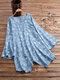 Leaves Print Patchwork Irregular Long Sleeve Blouse For Women - Light Blue