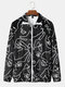 Mens Line Drawing Face Print Zip Front Casual Fleece Plush Jacket - Black