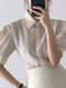 Solid Color Puff Sleeve Front Buttons Elegant Blouse - Apricot