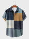 Mens Color Block Patchwork Lapel Collar Short Sleeve Shirts - Dark Blue