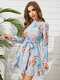 Flower Print Belt Ruffle Long Sleeve Stand Collar Dress - Blue