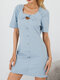 Women Solid Color Button Elastic Waist Bowknot Short Sleeve Casual Mini Dress - Blue