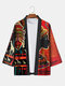 Mens Ethnic Figure Print Open Front Loose 3/4 Sleeve Kimono - Orange Red