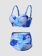 نساء رخامية طباعة Ruched Underwire بيكيني عارية الذراعين سريع الجفاف - أزرق 1