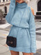 Cold Shoulder Solid Color Long Sleeve Turtleneck Casual Sweater Dress For Women - Blue