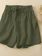 Women Solid Tie Waist Cotton Casual Shorts With Pocket - Army Green