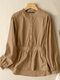 Solid Stand Collar Button Front Long Sleeve Blouse - Khaki