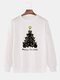 Mens Cat Christmas Tree Print Crew Neck Pullover Drop Shoulder Sweatshirts - White