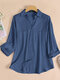 Solid Pocket Button Front Long Sleeve Lapel Denim Shirt - Dark Blue