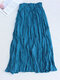 Casual Solid Color Pleated High Elastic Waist A-Line Midi Dress - Blue