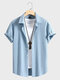 Mens Texture Solid Lapel Button Up Casual Short Sleeve Shirts - Blue