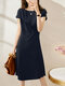 Solid Invisible Zip Side Short Sleeve Crew Neck Dress - Navy